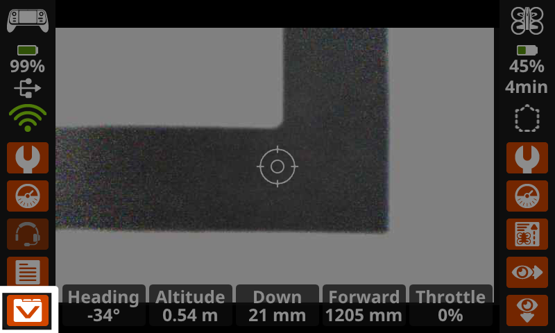 The controller screen, showing the downward camera view in the center, with the Mission Data button on the lower left corner highlighted.