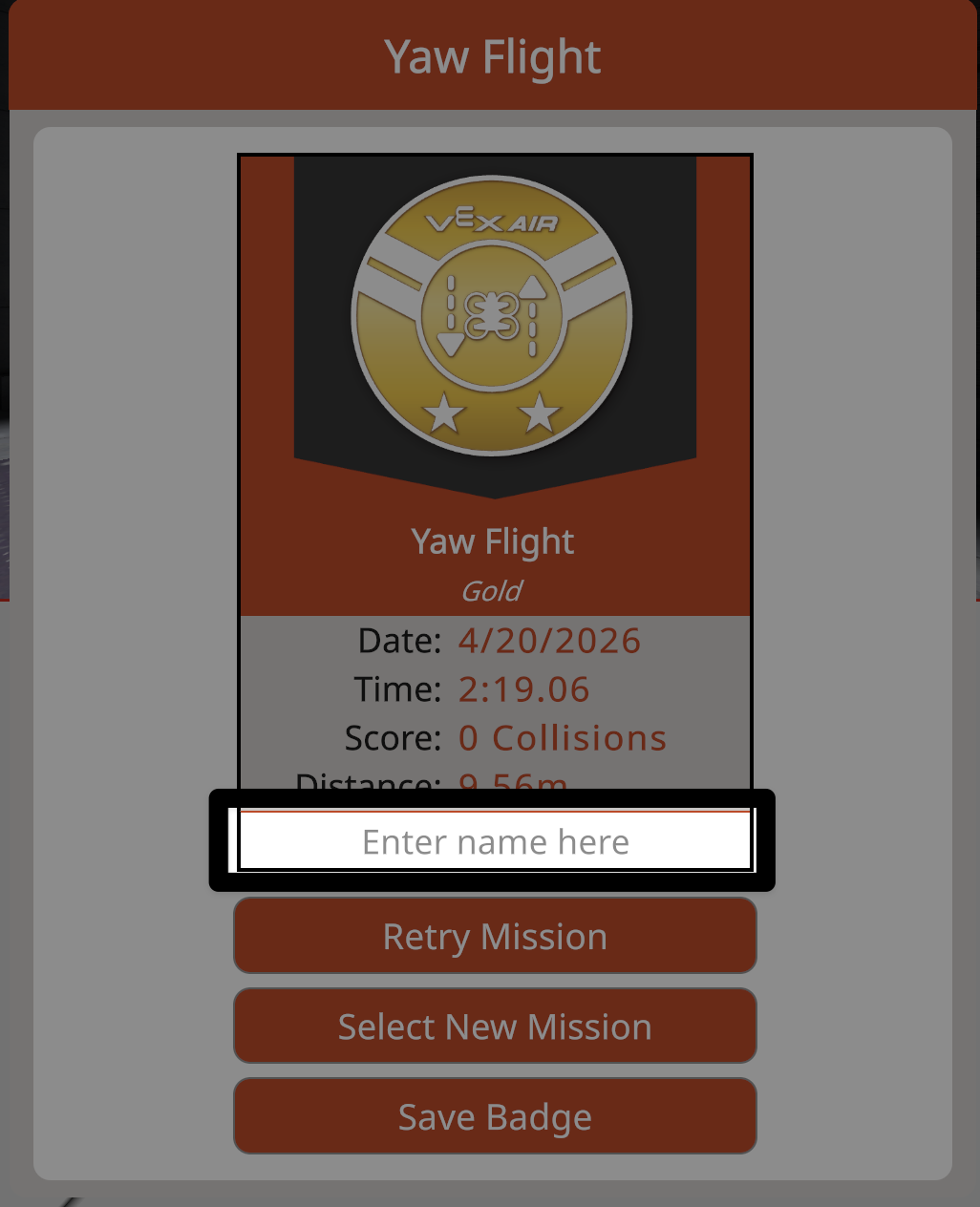 A mission badge dialog with the name text box highlighted.