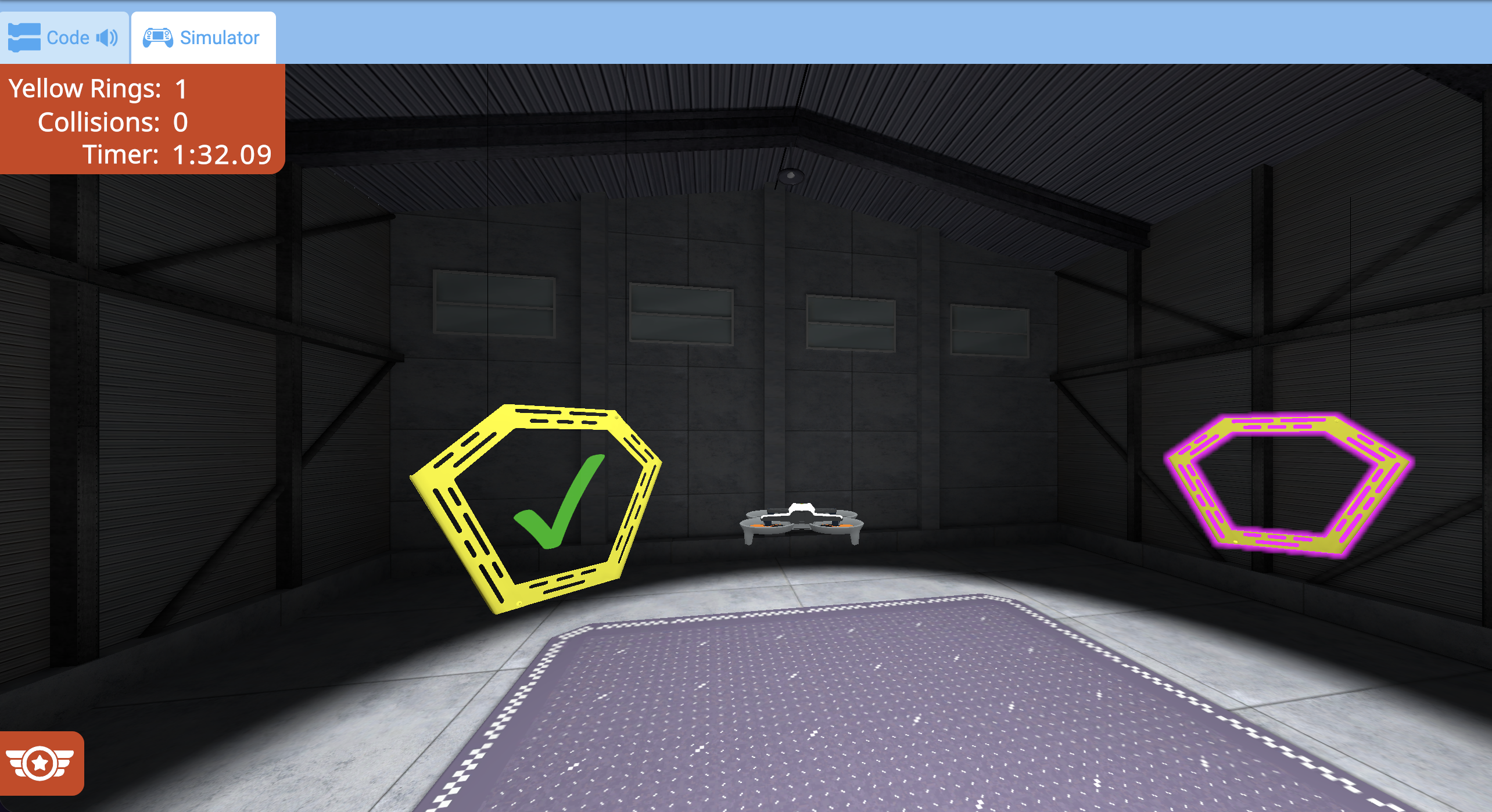 A screenshot during flight showing a completed ring with a green checkmark and the next ring in the path highlighted to indicate where to fly next.