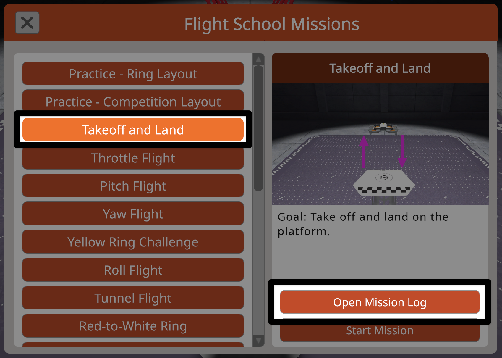 The Flight School Missions menu with the Open Mission Log button highlighted for a selected mission.
