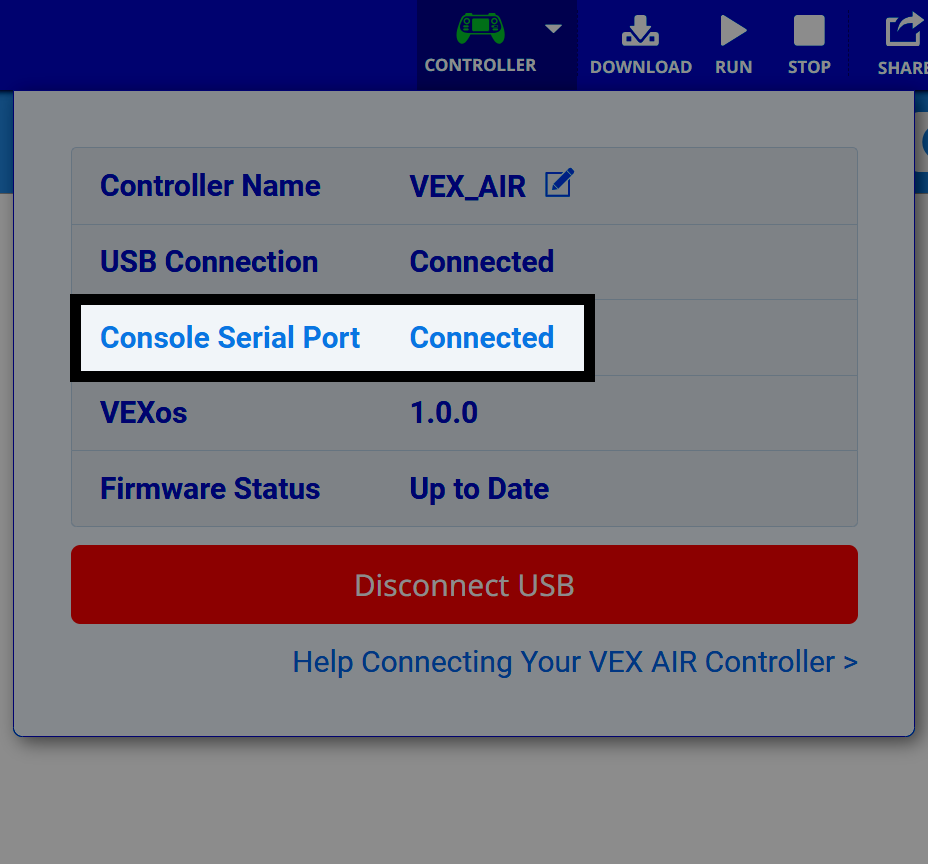 Console Serial Port connection status showing Connected for VEX AIR Drone Controller.