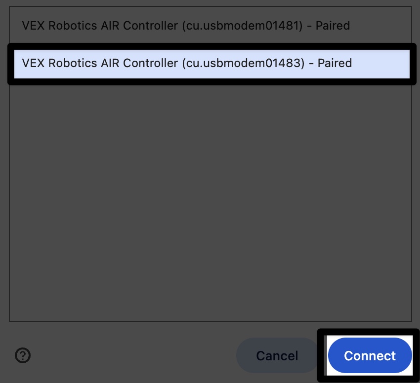 Browser window showing VEX Robotics AIR Controller paired and Connect button highlighted.