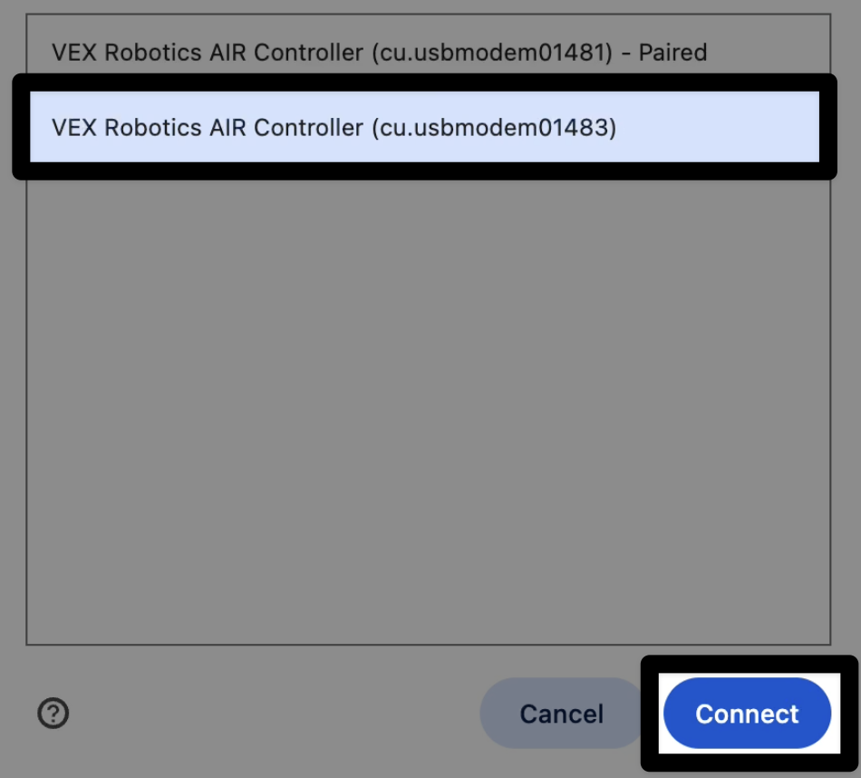 Browser window showing VEX Robotics AIR Controller paired and Connect button highlighted.