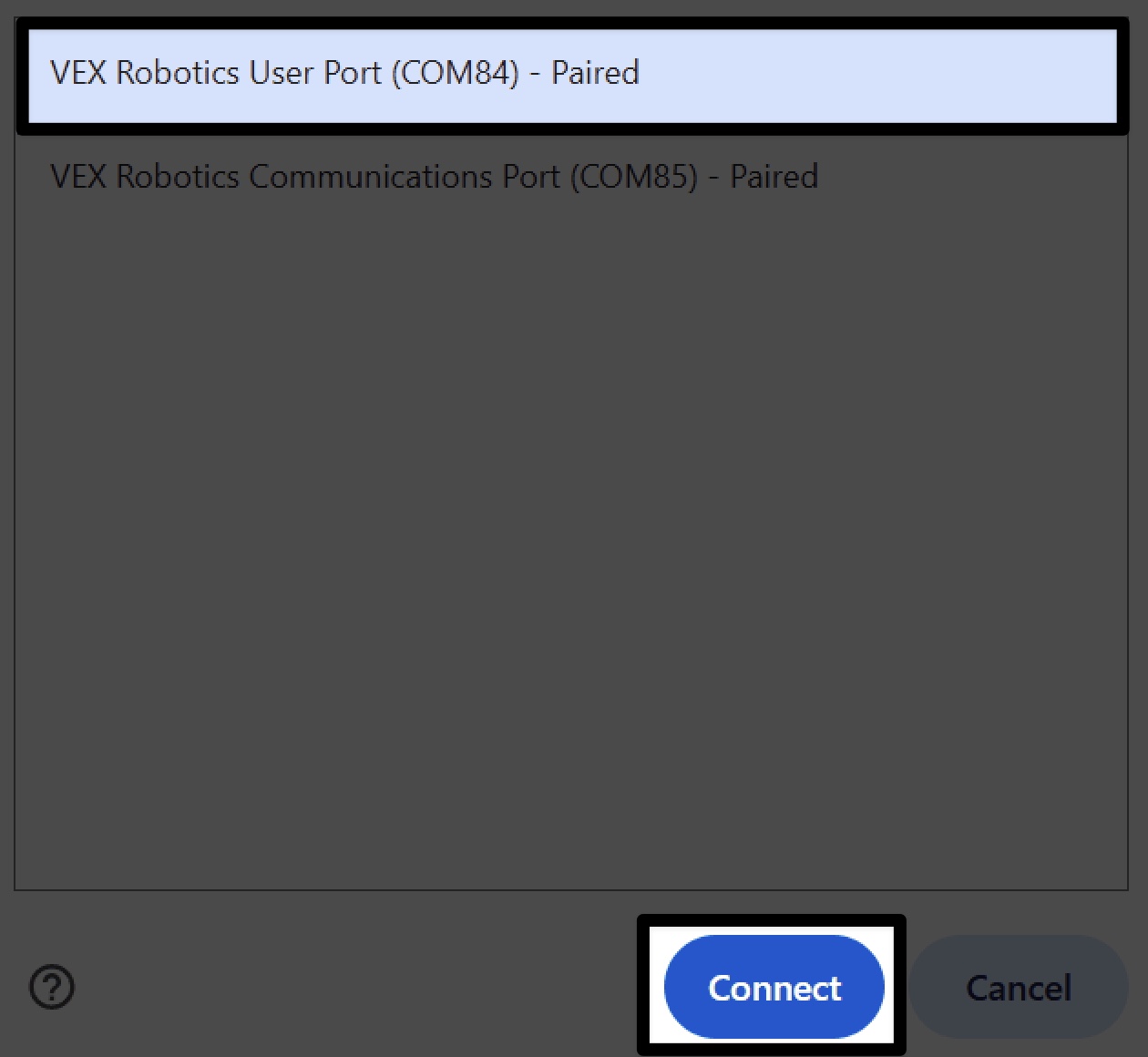 Browser window showing VEX Robotics User Port COM84 paired and Connect button highlighted.
