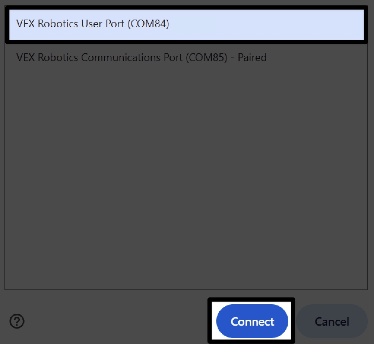Browser window showing VEX Robotics User Port COM84 paired and Connect button highlighted.