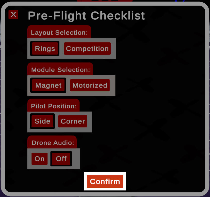 Pre-Flight Checklist window showing options for layout selection, module selection, pilot position, and drone audio, with highlighted Confirm button at the bottom.