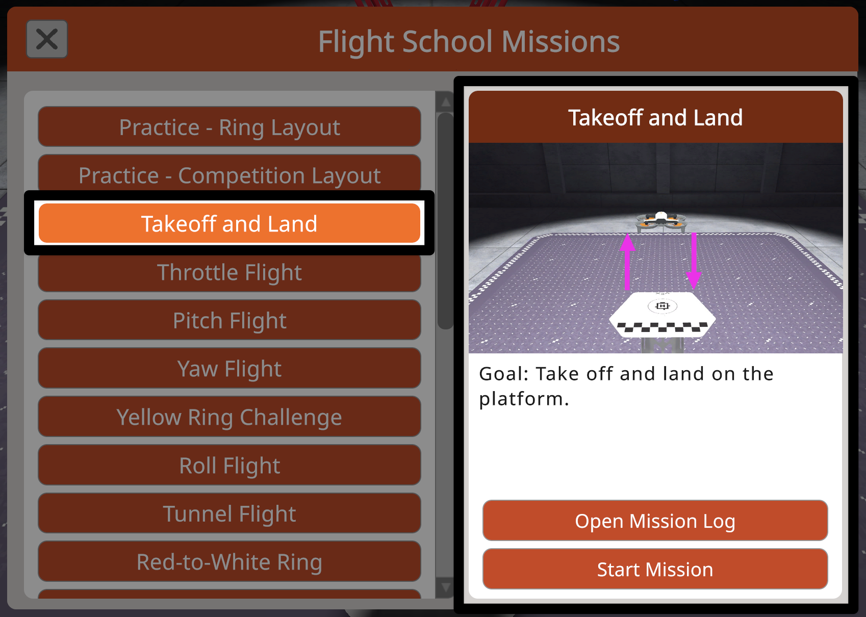 The Flight School Missions menu with a mission selected in the list, showing that mission's summary and buttons on the right.