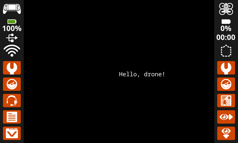 Shows the drone.screen.print_at method with "Hello, drone!" in the middle of the screen which is (250, 240)