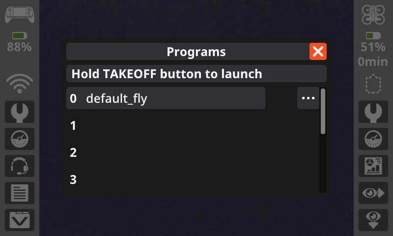Project Menu showed on the controller. Showing "Hold Takeoff button to launch"