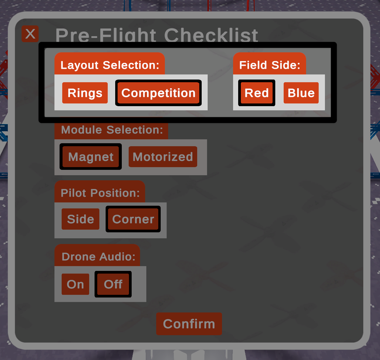 Expanded Pre-Flight Checklist window with layout selection set to Competition, field side options for Red or Blue, module selection, pilot position, and drone audio controls.