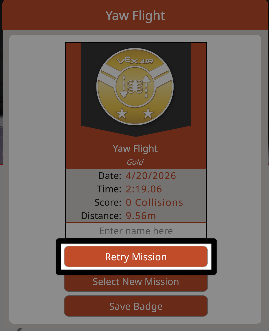 A mission badge dialog with the Retry Mission button highlighted.