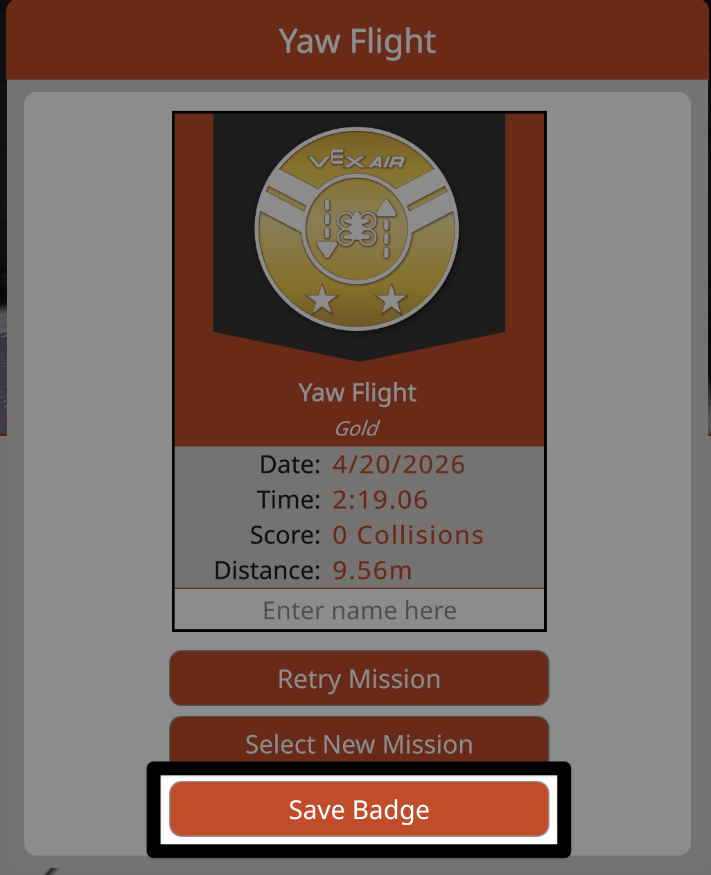 A mission badge dialog with the Save Badge button highlighted.