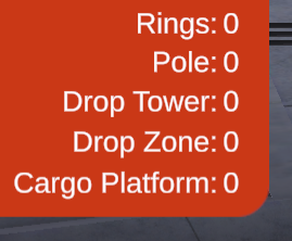 On-screen scoreboard listing Rings, Pole, Drop Tower, Drop Zone, and Cargo Platform scores, all set to zero.