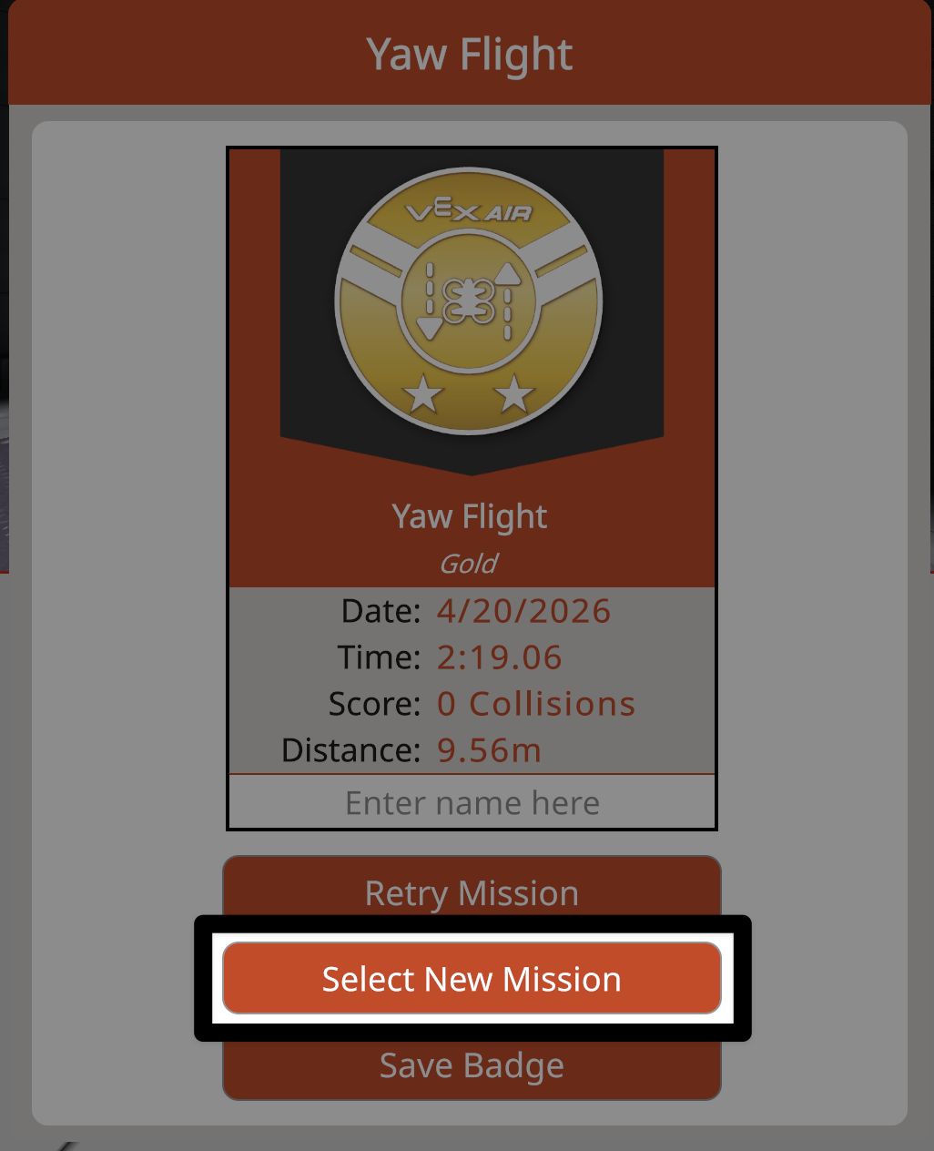 A mission badge dialog with the Select New Mission button highlighted.