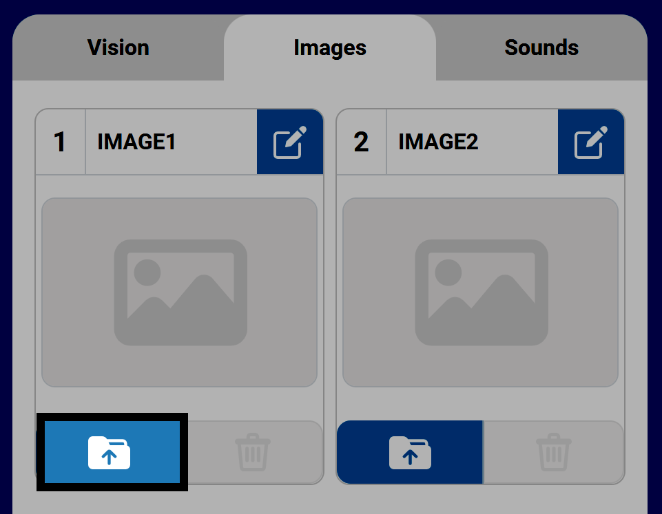 Upload icon in the Images tab of the VEXcode AIR Control Panel.