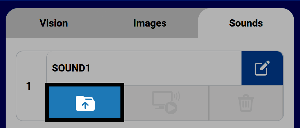 Upload icon in the Sounds tab of the VEXcode AIR Control Panel.