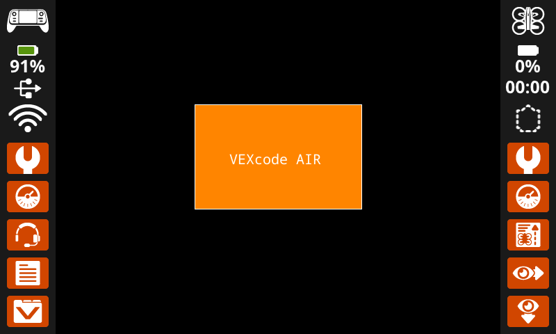 The controller's screen shows a white bordered, orange rectangle with a thin border and VEXcode AIR in white in the center of it.