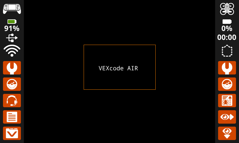 The controller's screen shows an orange rectangle with a thin border and VEXcode AIR in white in the center of it.