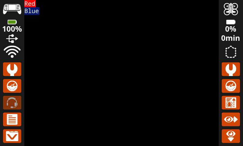 The controller's screen shows two lines with "red" and "blue" with the corresponding color highlighting the text.