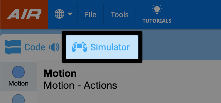 VEXcode AIR interface with the ‘Simulator’ button highlighted, showing a controller icon and the word Simulator.