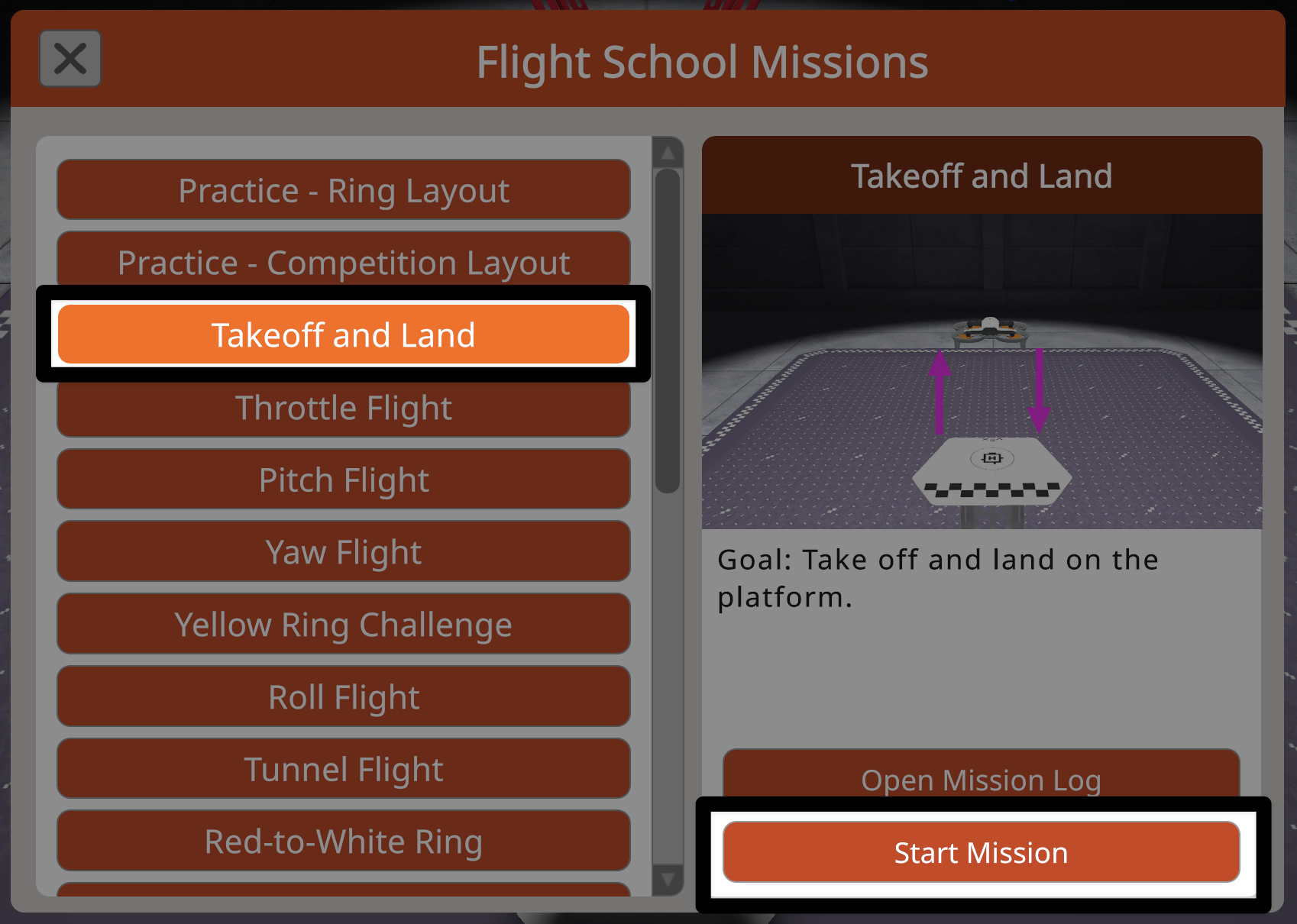 The Flight School Missions menu with the Start Mission button highlighted in the lower right corner.