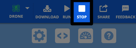 The upper right corner of the VEXcode AIR Toolbar, the Stop button is highlighted, to the right of the Run button, and the drone icon shown green.