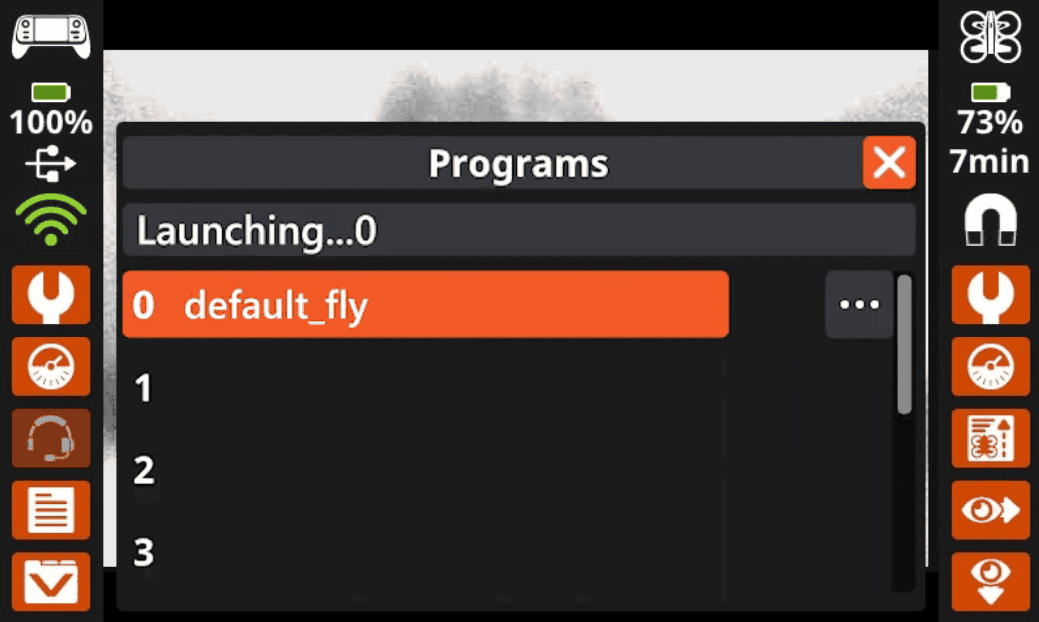 Project Menu showed on the controller. Showing default_fly filled with the color orange.