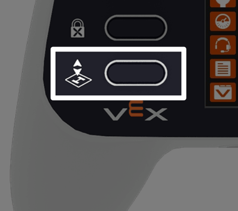 A closeup view of the lower left side of the Controller, with the takeoff button highlighted, indicating what to press to stop the project.