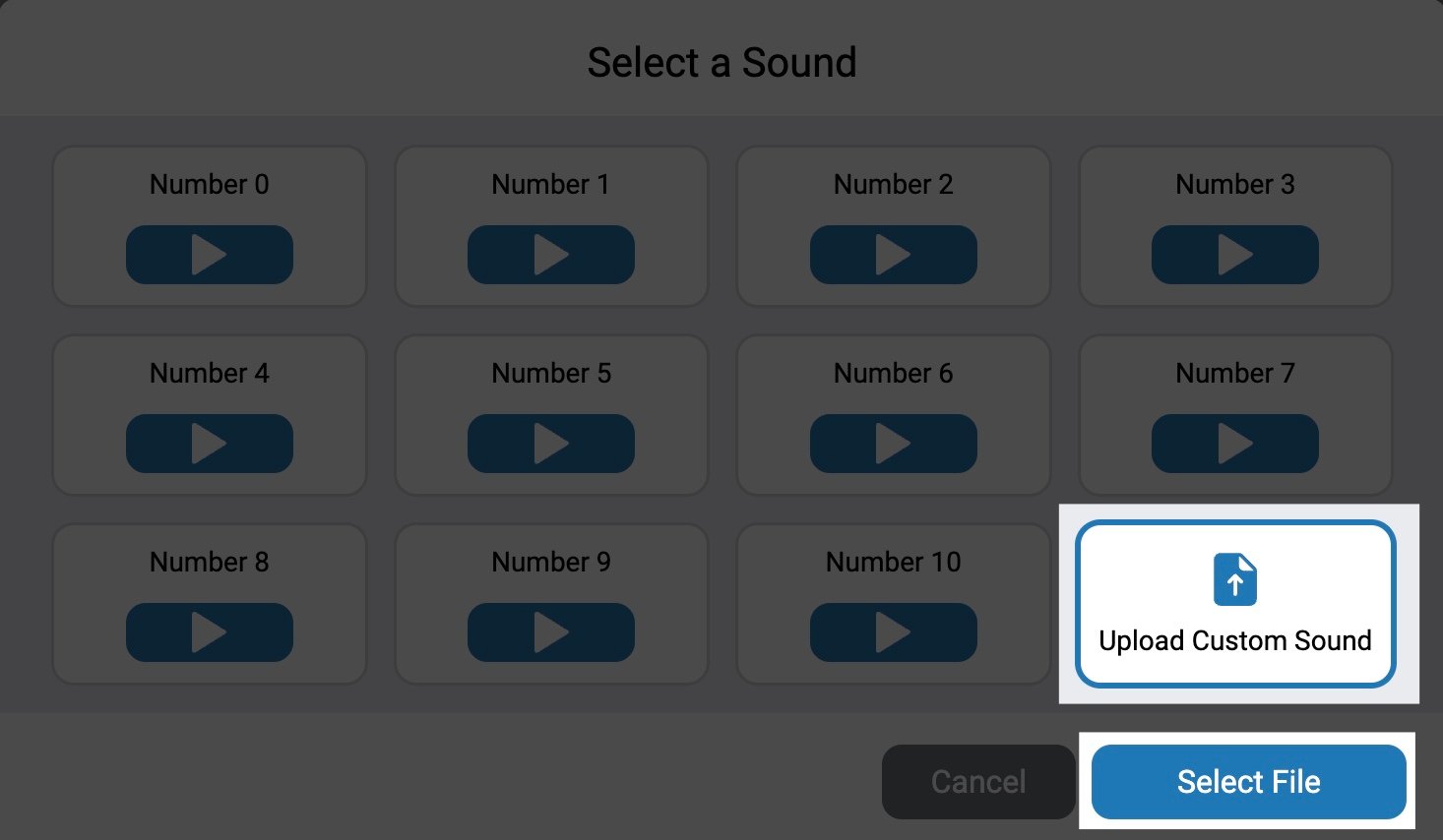 Upload icon in the Sounds tab of the VEXcode AIR Control Panel.