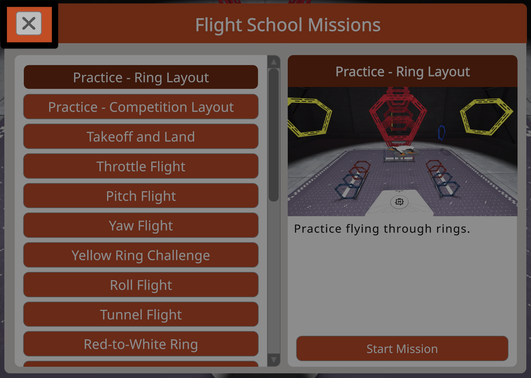 The Flight School Missions menu with the X button highlighted in the upper left corner.
