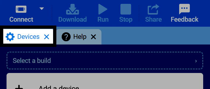 VEXcode-এর ট্যাব বারের স্ক্রিনশট, যেখানে Devices ট্যাবটি হাইলাইট করা আছে।