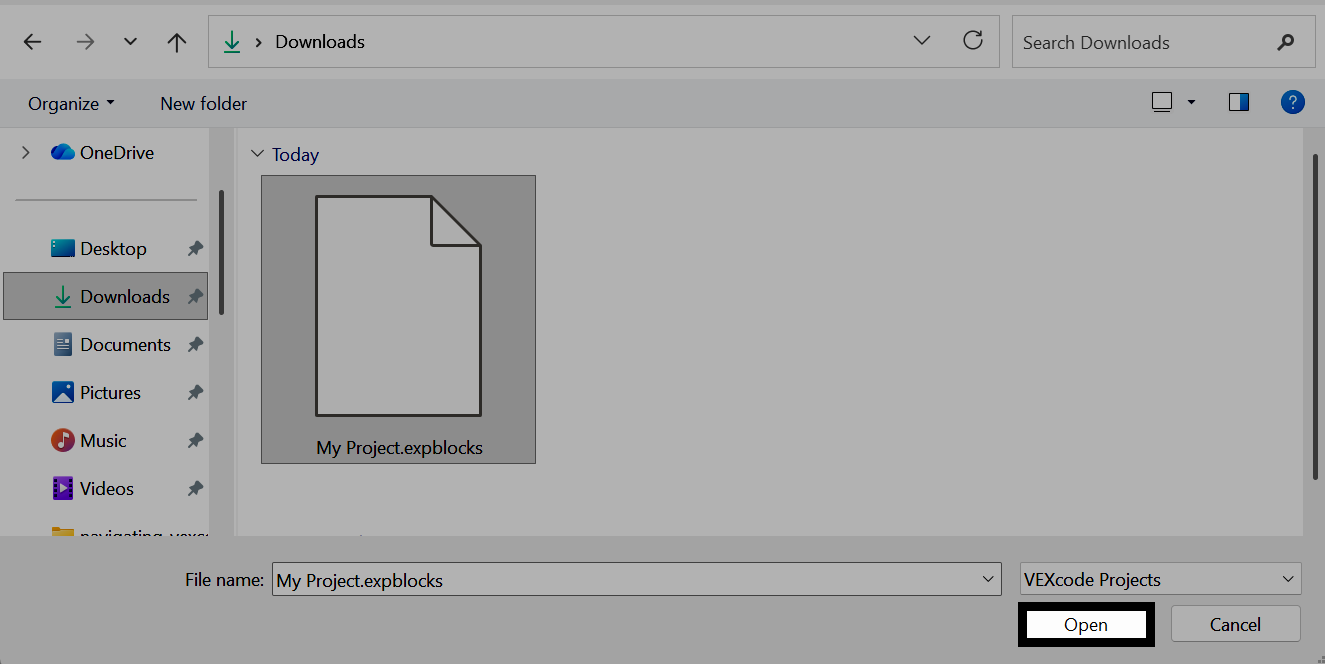 Snímek obrazovky nástroje pro výběr souborů ve Windows s vybraným souborem projektu a zvýrazněným tlačítkem Otevřít.