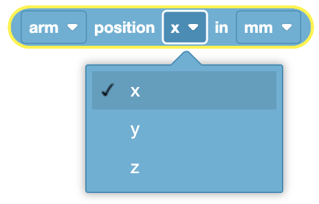 The image shows a block that is used to retrieve the position of a robotic arm. The block allows the user to choose between the "x," "y," and "z" coordinates to specify which axis's position is being queried. The selected coordinate will then return the position in millimeters, as indicated by the dropdown options. This block would be used in a program to determine the current position of the arm along the chosen axis.