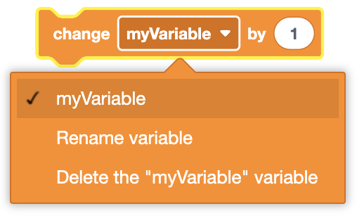An orange notched coding block with the text 'change myVariable by 1' and a dropdown menu expanded below it, showing options to select 'myVariable', rename the variable, or delete the 'myVariable' variable.