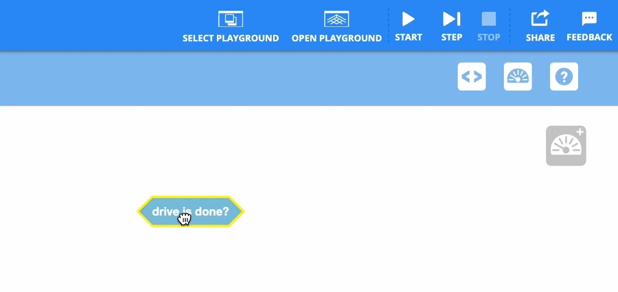 Animation showing a user dragging the 'drive is done?' block from the workspace to the Monitor Console, located at the top right of the screen. The block is moved over the small monitor icon in the top right corner of the coding environment.