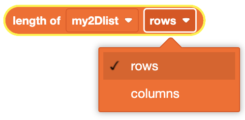 A rounded, orange coding block labeled 'length of my2Dlist rows' with the 'rows' dropdown menu expanded, showing options 'rows' and 'columns,' with 'rows' selected.