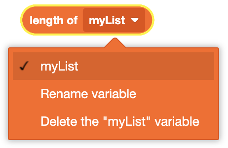 A rounded coding block displaying 'length of myList' in orange, with a dropdown menu open showing options to select, rename, or delete the 'myList' variable.
