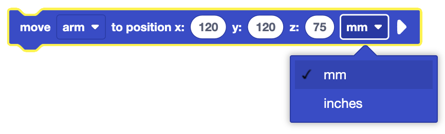 The image shows a block designed to move a robotic arm to a specific position in a 3D space. The coordinates provided are x = 120, y = 120, and z = 75, with the unit set to millimeters. There is a dropdown menu that allows the user to switch the unit of measurement from millimeters (mm) to inches if desired. Currently, "mm" is selected as the unit.