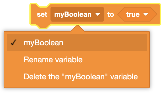 A notched coding block with the text 'set myBoolean to true' with dropdown menus for the variable name and Boolean value, and an open dropdown menu displaying options to rename or delete the variable.