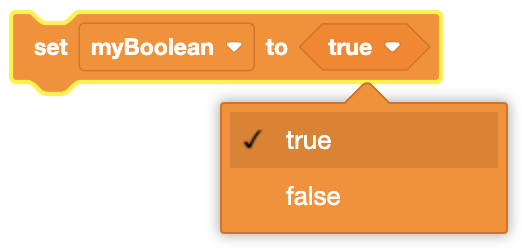 A notched coding block with the text 'set myBoolean to true' with dropdown menus for the variable name and Boolean value, and an open dropdown menu showing options 'true' (selected) and 'false' for the Boolean value.