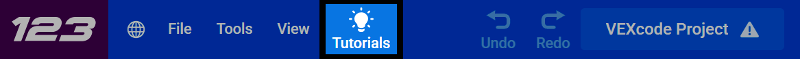 Screenshot der VEXcode 123-Symbolleiste, wobei die Schaltfläche „Tutorials“ hervorgehoben ist.
