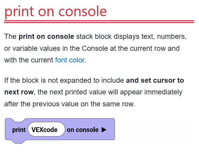 Screenshot der Registerkarte „Hilfe“, der den Hilfeeintrag des Blocks „Auf Konsole drucken“ zeigt, einschließlich Beschreibung, Parameter und eines Beispiels.