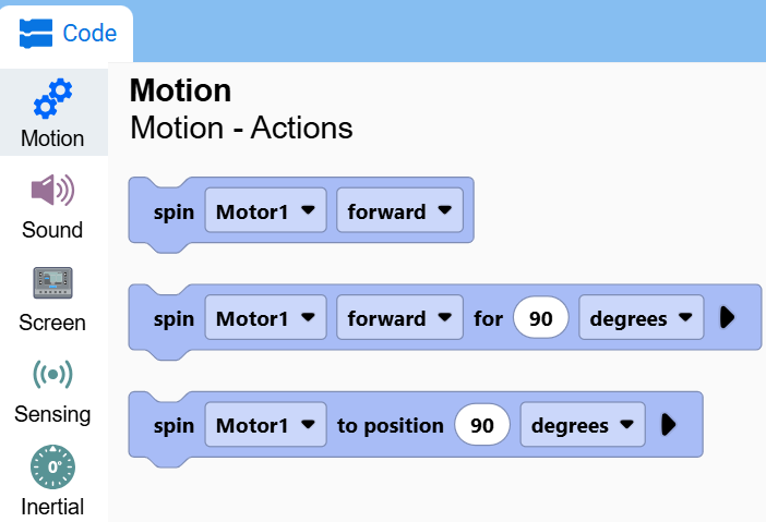 Screenshot der Werkzeugpalette mit geöffneter Kategorie „Bewegung“, der die Blöcke „Drehmotor1“ zeigt.