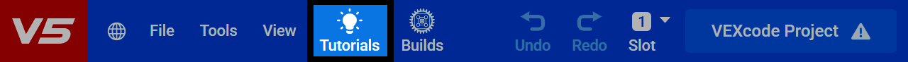 Screenshot der VEXcode V5-Symbolleiste, wobei die Schaltfläche „Tutorials“ hervorgehoben ist.