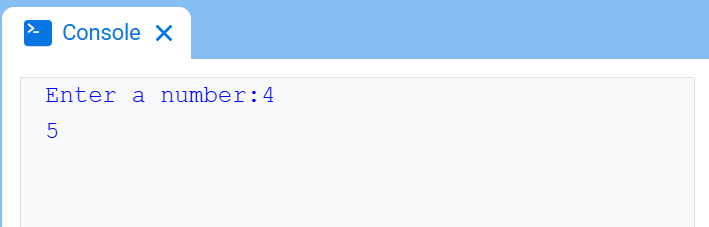 Η Κονσόλα VEXcode, που εμφανίζει την Κονσόλα και το κείμενο "Εισαγάγετε έναν αριθμό:4" που εμφανίζεται στην πρώτη γραμμή και "5" στη δεύτερη γραμμή.