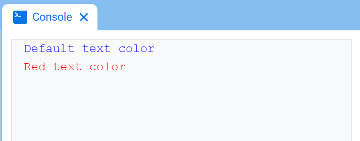 Η Κονσόλα VEXcode, που εμφανίζει την Κονσόλα και μπλε κείμενο που λέει "Προεπιλεγμένο χρώμα κειμένου" στην πρώτη γραμμή και κόκκινο "Κόκκινο χρώμα κειμένου" στη δεύτερη γραμμή, με ένα γκρι ορθογώνιο στα δεξιά του "Κόκκινο χρώμα κειμένου" που δείχνει πού βρίσκεται ο κέρσορας.