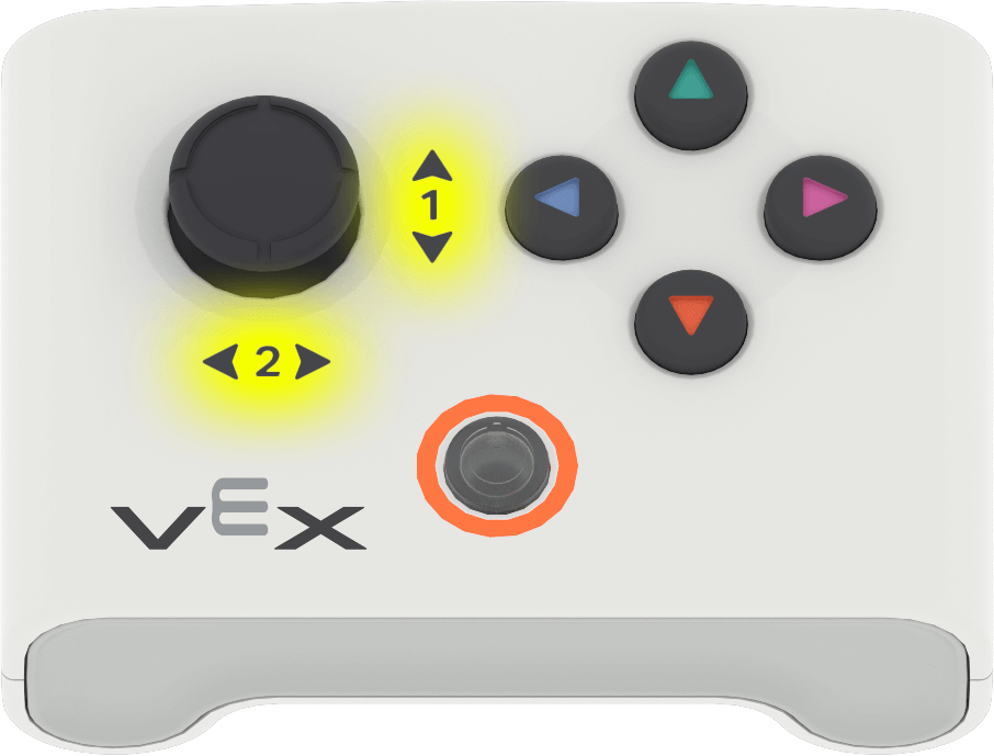 Χειριστήριο VEX AIM με joystick στα αριστερά και τέσσερα κουμπιά στα δεξιά, διατεταγμένα σαν ρολόι με τα κουμπιά στις 12, 3, 6 και 9 η ώρα.
