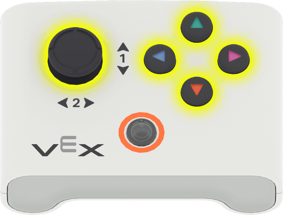 VEX AIM Χειριστήριο με ένα μοχλό με ένα joystick στα αριστερά και τέσσερα κουμπιά στα δεξιά, διατεταγμένα σαν ρολόι με τα κουμπιά στις 12, 3, 6 και 9 η ώρα.