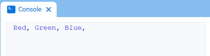 Εμφανίζεται η Κονσόλα VEXcode, που εμφανίζει την Κονσόλα και το κείμενο "Κόκκινο, Πράσινο, Μπλε".