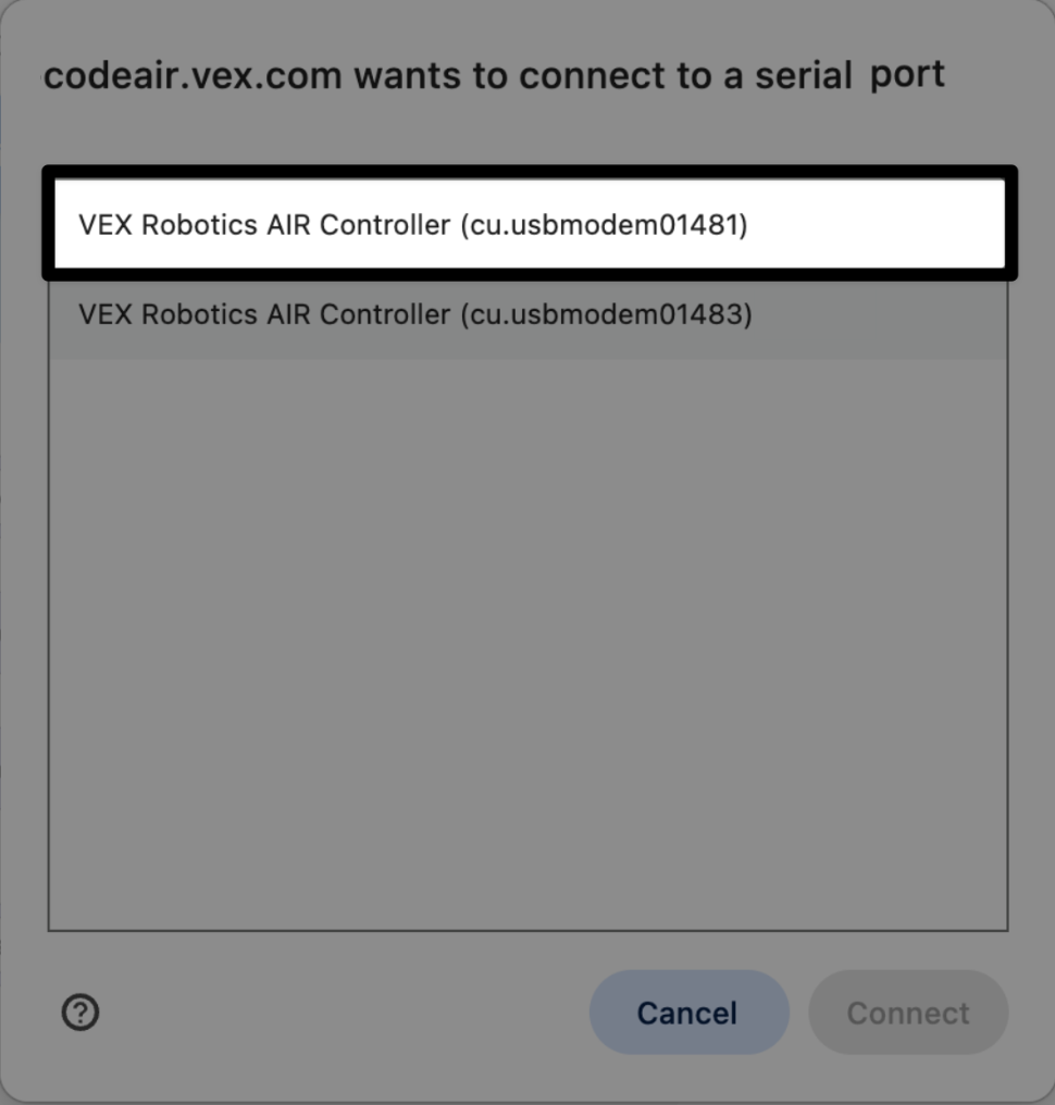 Μια προτροπή αναφέρει ότι το codeair.vex.com θέλει να συνδεθεί σε μια σειριακή θύρα και η πρώτη επιλογή με τον χαμηλότερο αριθμό αναγνώρισης επισημαίνεται, υποδεικνύοντας τι πρέπει να επιλέξετε.
